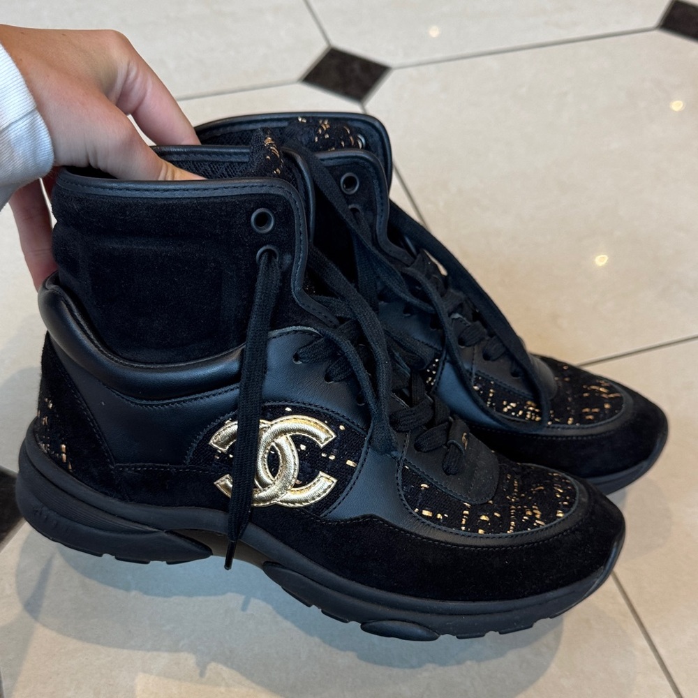 CHANEL Black and Gold High-Top Sneakers